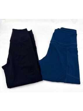 Two Zyia High-Waisted Women Active Leggings Pockets Black & Blue Stretchy Size 4